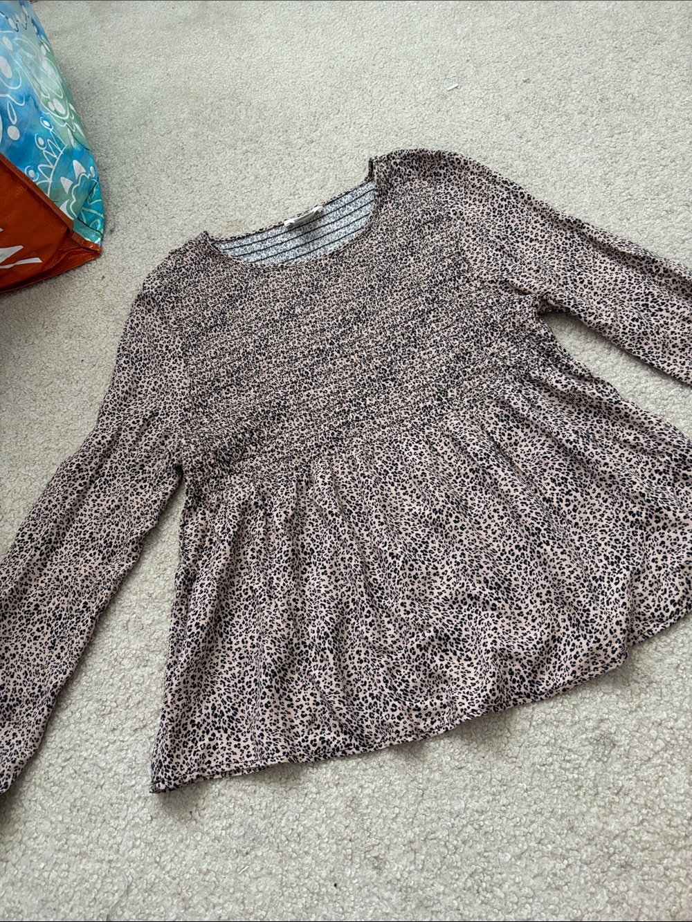 URBAN Romantics Beige and Black Leopard Smocked Peplum Top